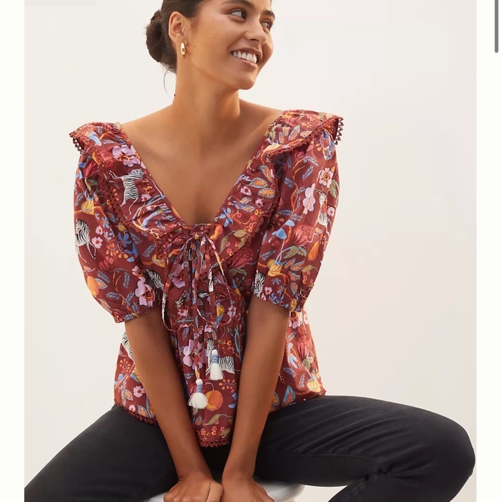 Anthropologie Maeve jungle tassel smocked back top size medium